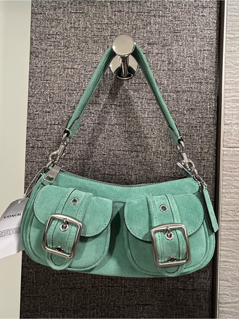 Coach Mint Green Suede Shoulder Bag with Buckle Pockets